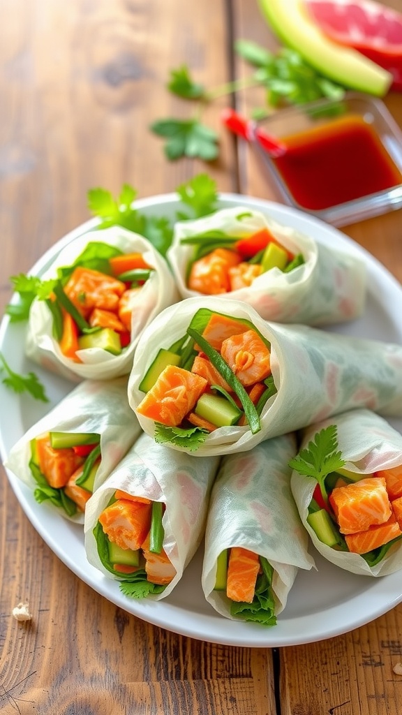 Freshly made Teriyaki Salmon Rice Paper Rolls filled with salmon and vegetables, served with teriyaki sauce.